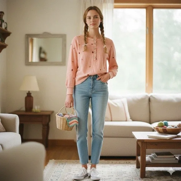 LOFT Petits Peach Sweater XXSP Strawberry Heart Embroidered Cottagecore Preppy - Picture 2 of 16